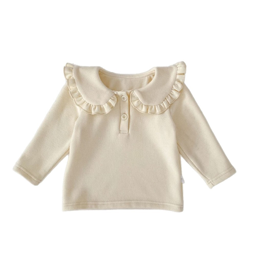 Baby Kids Girls Solid Color Turn-down Collar Long Sleeves Top