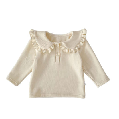 Baby Kids Girls Solid Color Turn-down Collar Long Sleeves Top