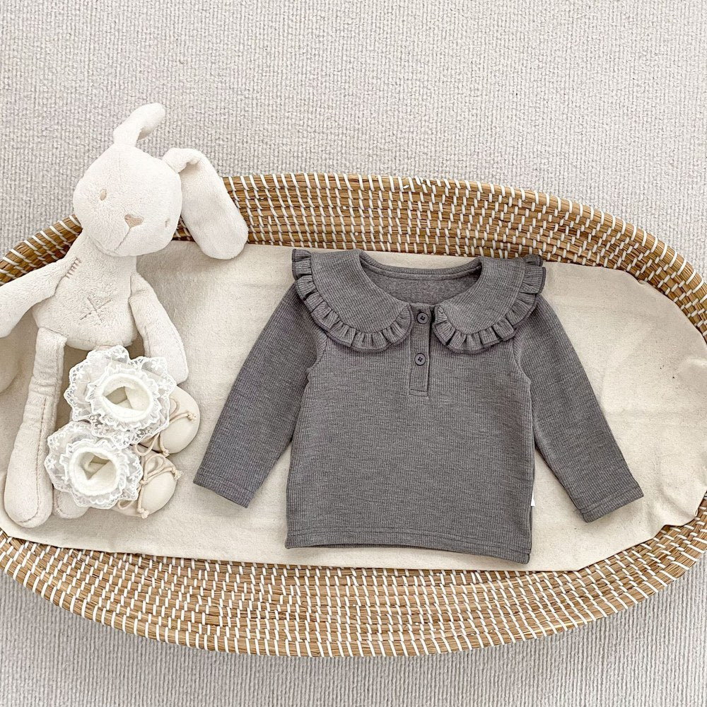 Baby Kids Girls Solid Color Turn-down Collar Long Sleeves Top