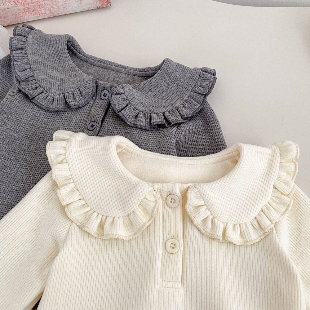 Baby Kids Girls Solid Color Turn-down Collar Long Sleeves Top