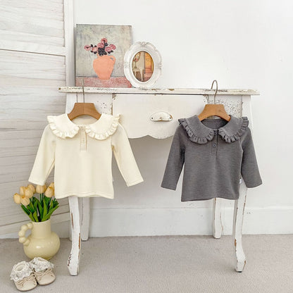 Baby Kids Girls Solid Color Turn-down Collar Long Sleeves Top
