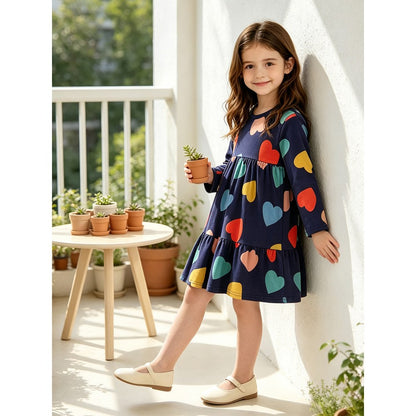 Baby Kids Girls Long Sleeves Hearts Pattern Dress