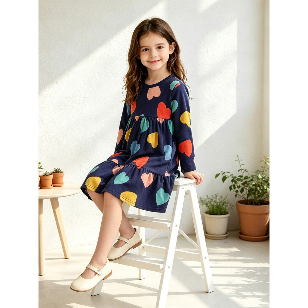 Baby Kids Girls Long Sleeves Hearts Pattern Dress