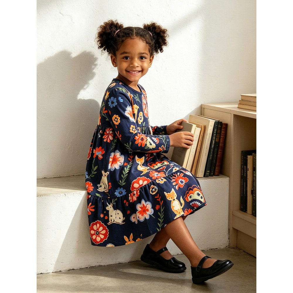 Baby Kids Girls Long Sleeves Cartoon Pattern Dress