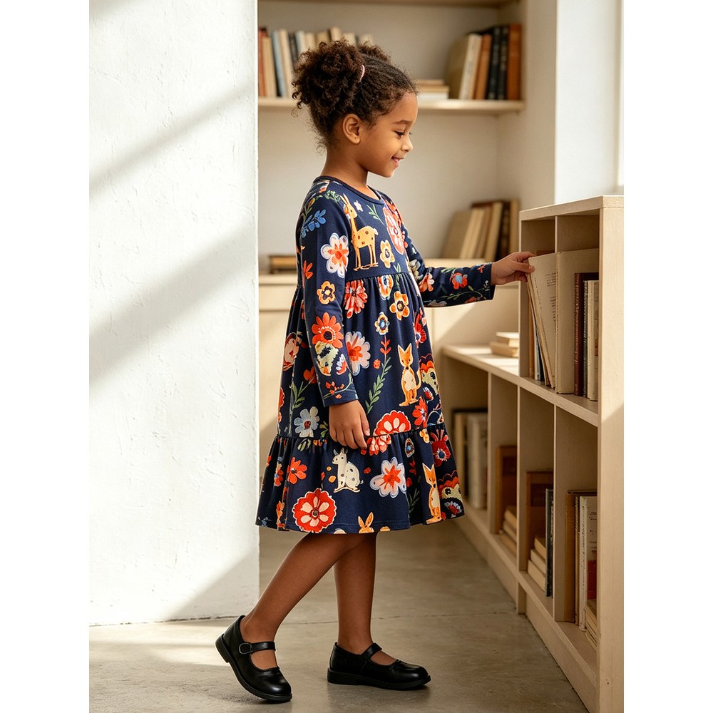 Baby Kids Girls Long Sleeves Cartoon Pattern Dress