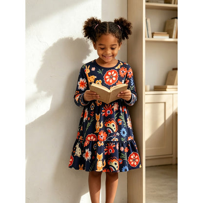 Baby Kids Girls Long Sleeves Cartoon Pattern Dress