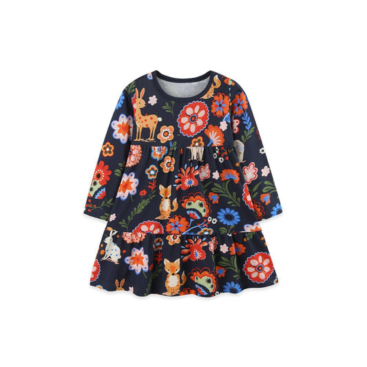 Baby Kids Girls Long Sleeves Cartoon Pattern Dress