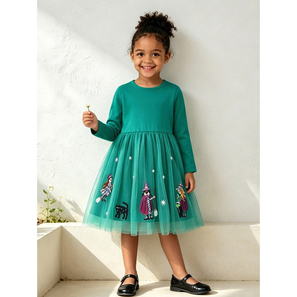 Baby Kids Girls Long Sleeves Halloween Cartoon Pattern Tulle Dress