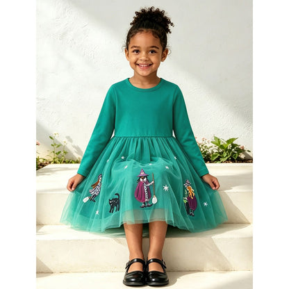 Baby Kids Girls Long Sleeves Halloween Cartoon Pattern Tulle Dress