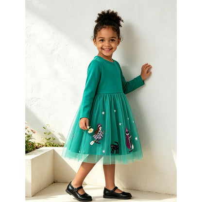 Baby Kids Girls Long Sleeves Halloween Cartoon Pattern Tulle Dress