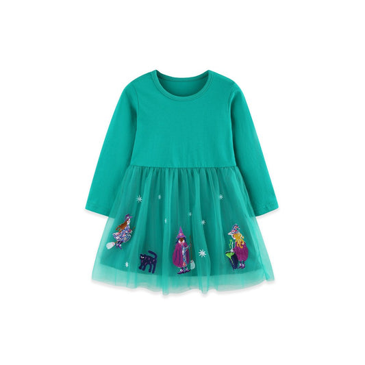 Baby Kids Girls Long Sleeves Halloween Cartoon Pattern Tulle Dress