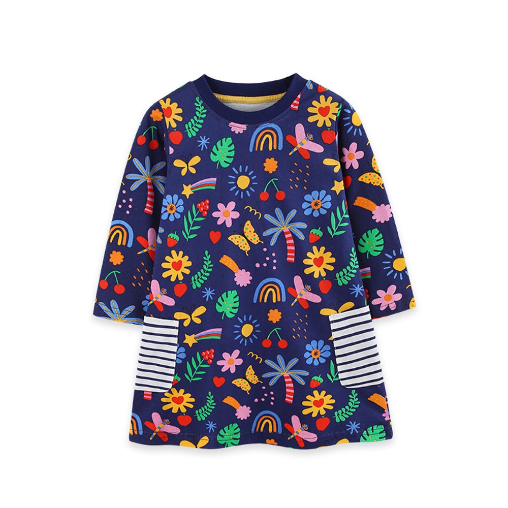 Baby Kids Girls Long Sleeves Flowers Cartoon Pattern Dress