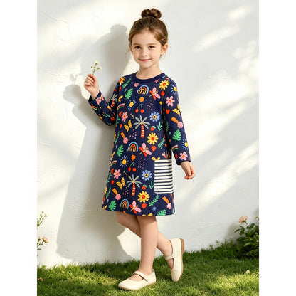 Baby Kids Girls Long Sleeves Flowers Cartoon Pattern Dress
