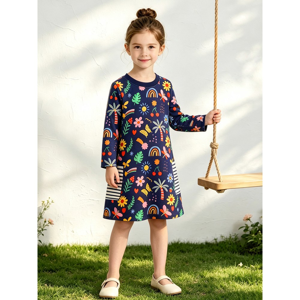 Baby Kids Girls Long Sleeves Flowers Cartoon Pattern Dress