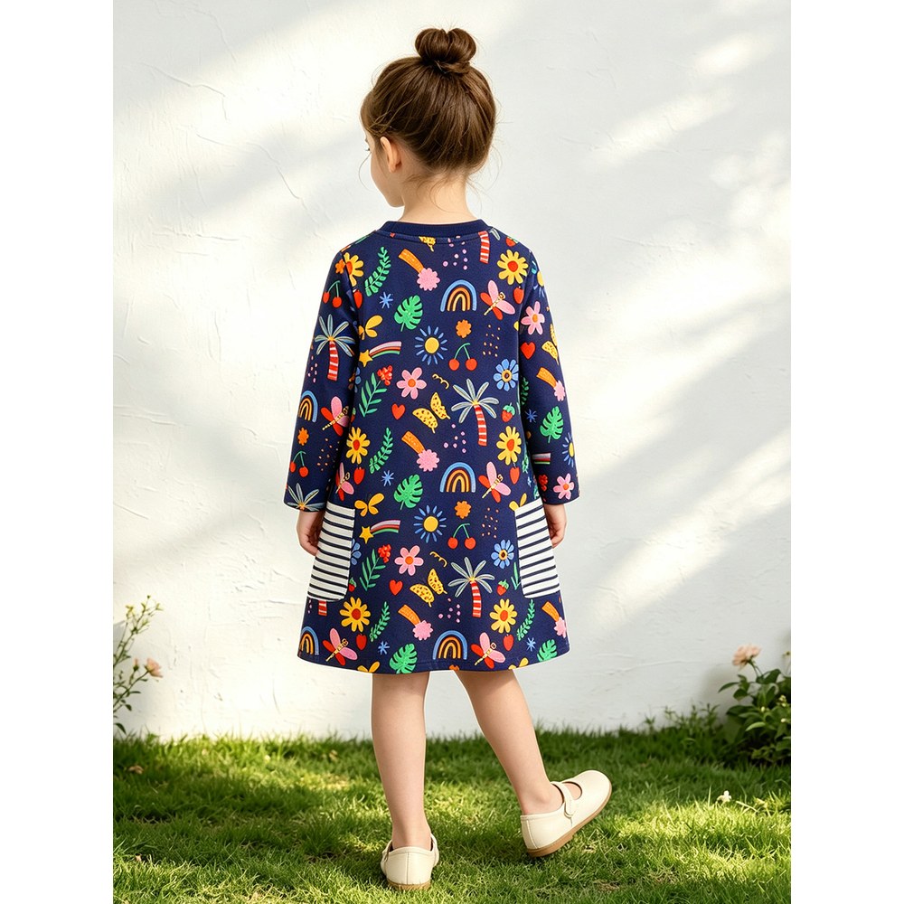 Baby Kids Girls Long Sleeves Flowers Cartoon Pattern Dress