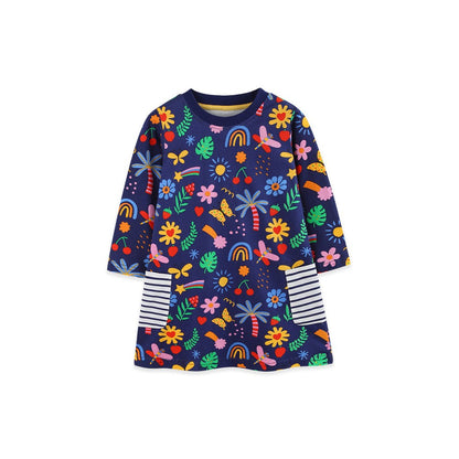 Baby Kids Girls Long Sleeves Flowers Cartoon Pattern Dress