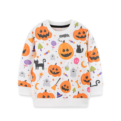Kids Girls Halloween Cartoon Pattern Crew Neck Long Sleeves Sweatshirt