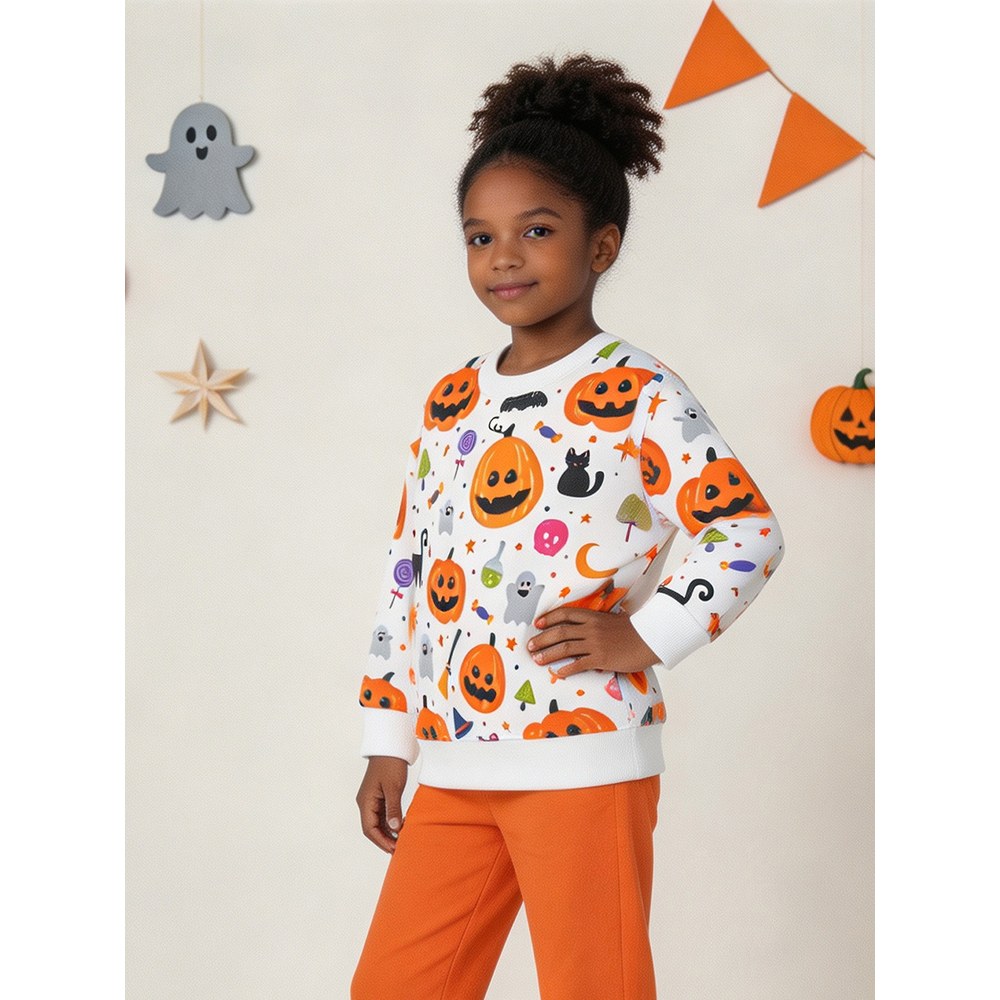 Kids Girls Halloween Cartoon Pattern Crew Neck Long Sleeves Sweatshirt