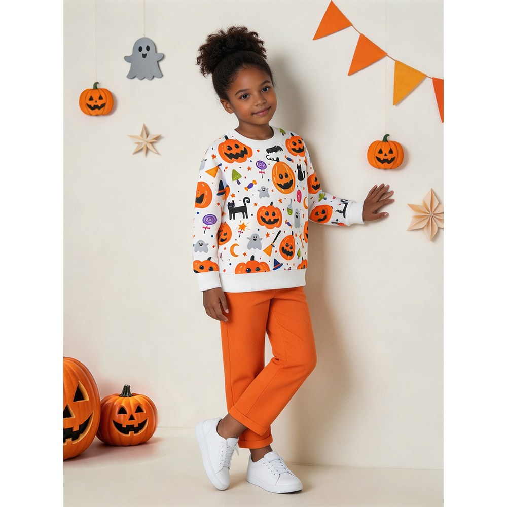 Kids Girls Halloween Cartoon Pattern Crew Neck Long Sleeves Sweatshirt