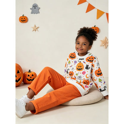 Kids Girls Halloween Cartoon Pattern Crew Neck Long Sleeves Sweatshirt