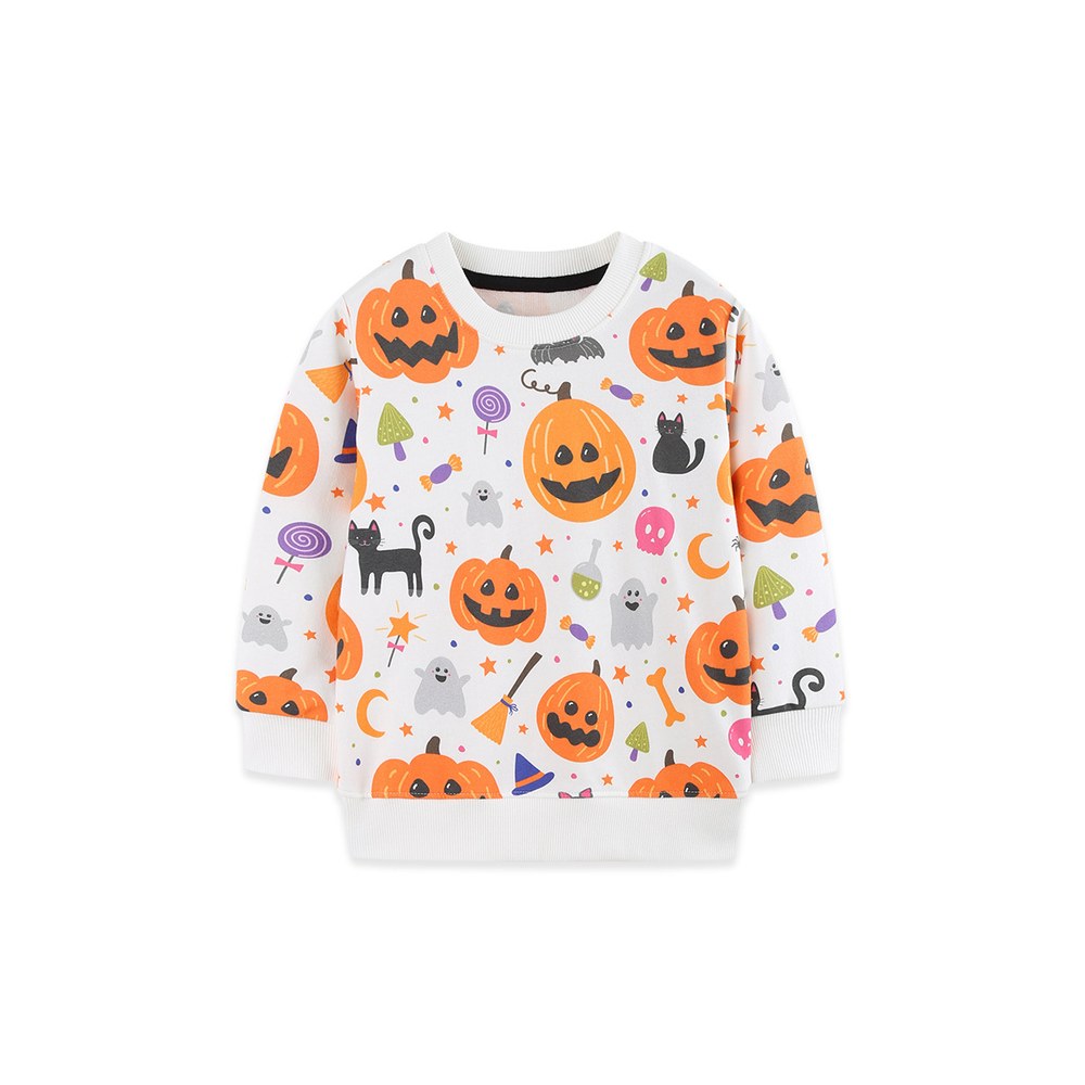 Kids Girls Halloween Cartoon Pattern Crew Neck Long Sleeves Sweatshirt