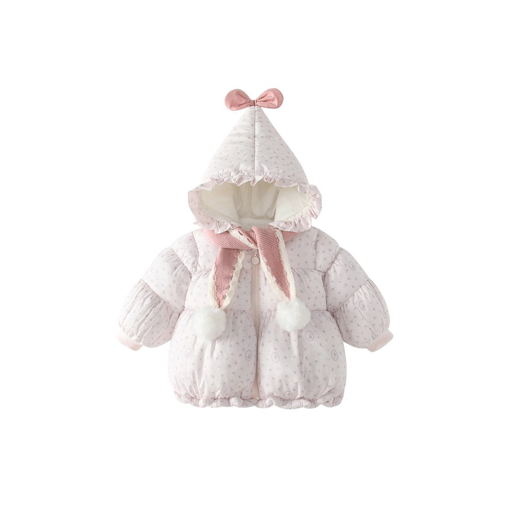 Girls' Butterfly-bows Decorated Floral Cotton-Padded Zip-up Coat
