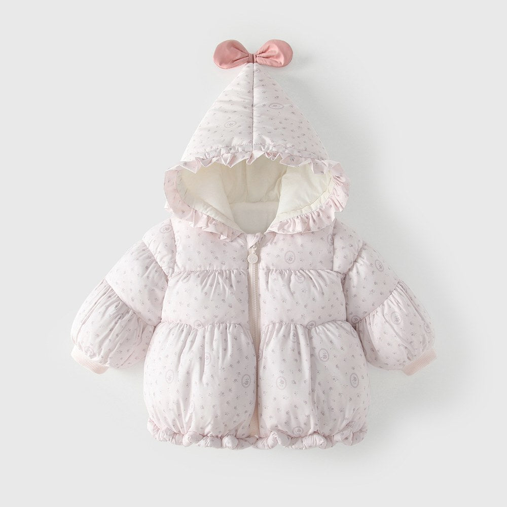 Girls' Butterfly-bows Decorated Floral Cotton-Padded Zip-up Coat