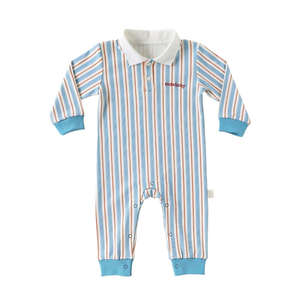 Baby Kids Unisex Long Sleeves Striped Pattern Turn-down Collar Rompers