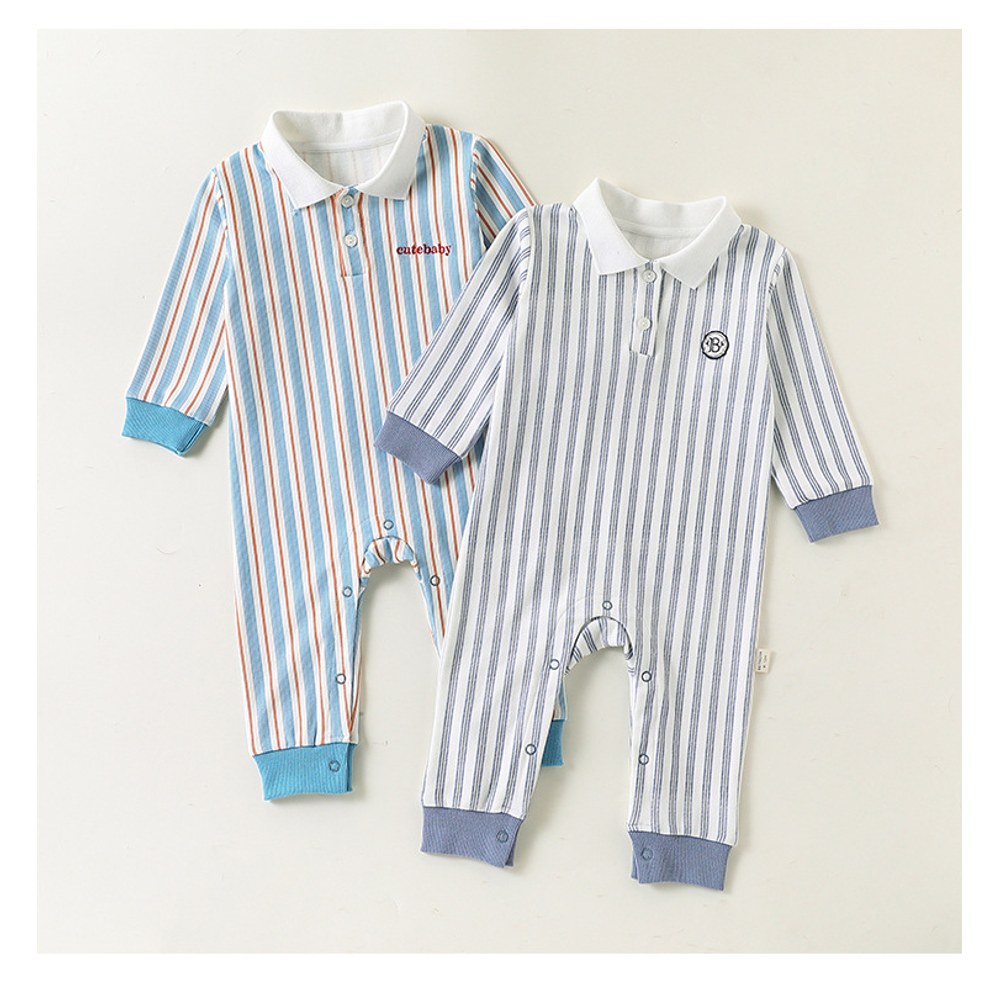 Baby Kids Unisex Long Sleeves Striped Pattern Turn-down Collar Rompers