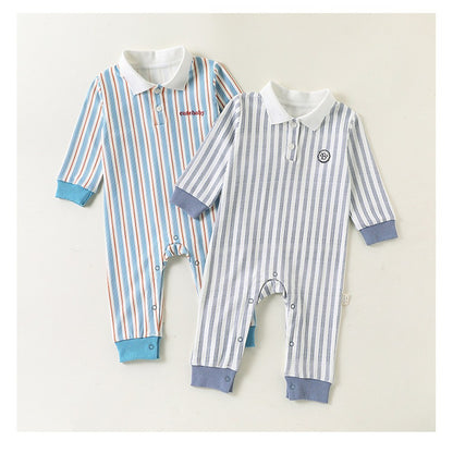 Baby Kids Unisex Long Sleeves Striped Pattern Turn-down Collar Rompers