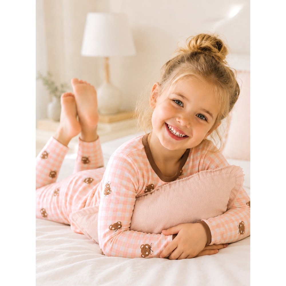 Baby Kids Girls Cartoon Plaid Pattern Long Sleeves Top and Pants 2-piece Clothing Set