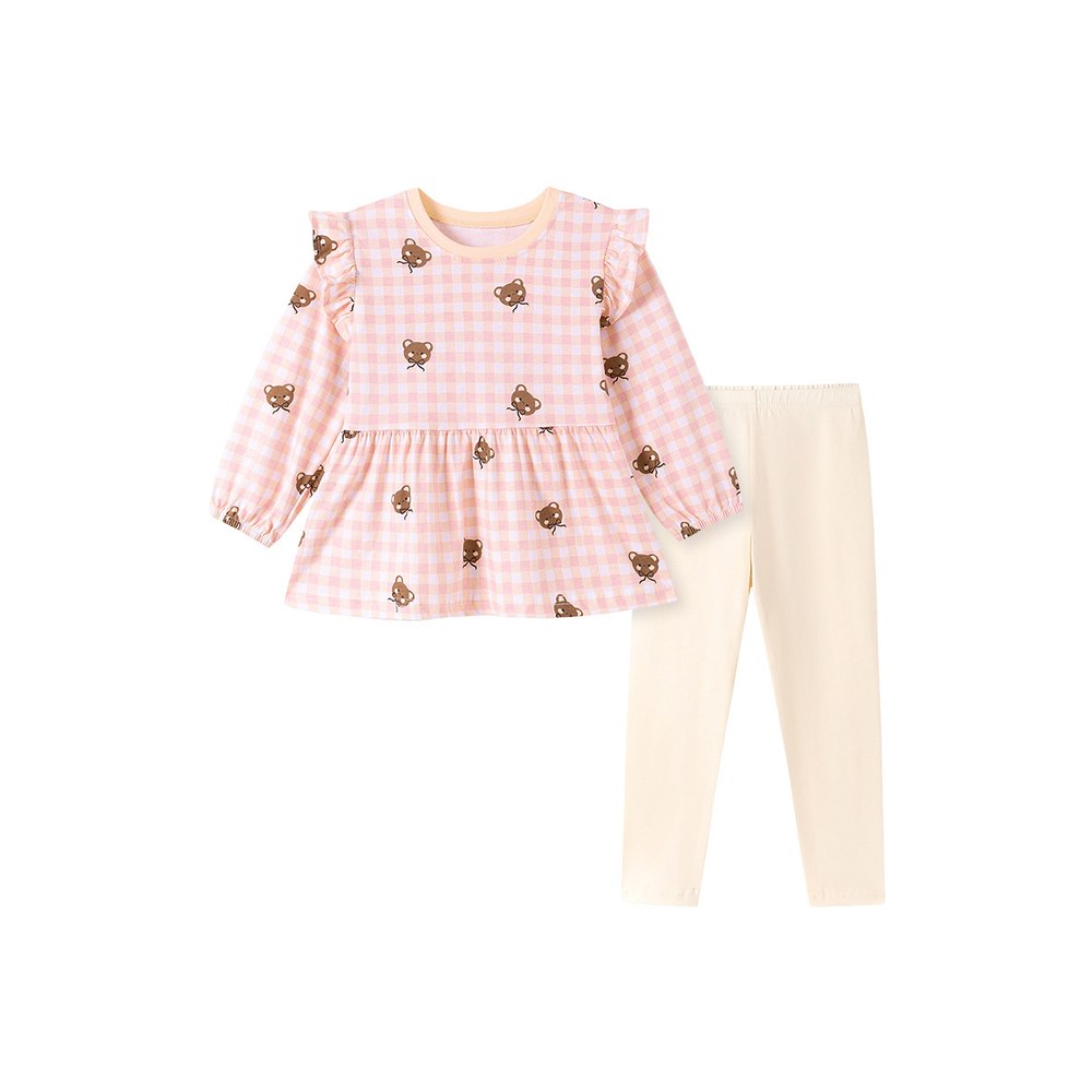 Baby Kids Girls Cartoon Pattern Long Sleeves Top and Beige Pants 2-piece Clothing Set