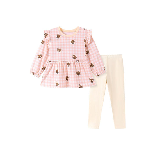 Baby Kids Girls Cartoon Pattern Long Sleeves Top and Beige Pants 2-piece Clothing Set