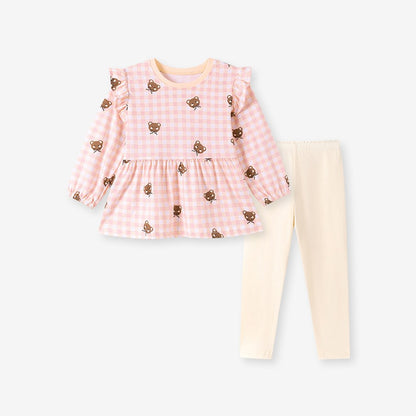 Baby Kids Girls Cartoon Pattern Long Sleeves Top and Beige Pants 2-piece Clothing Set