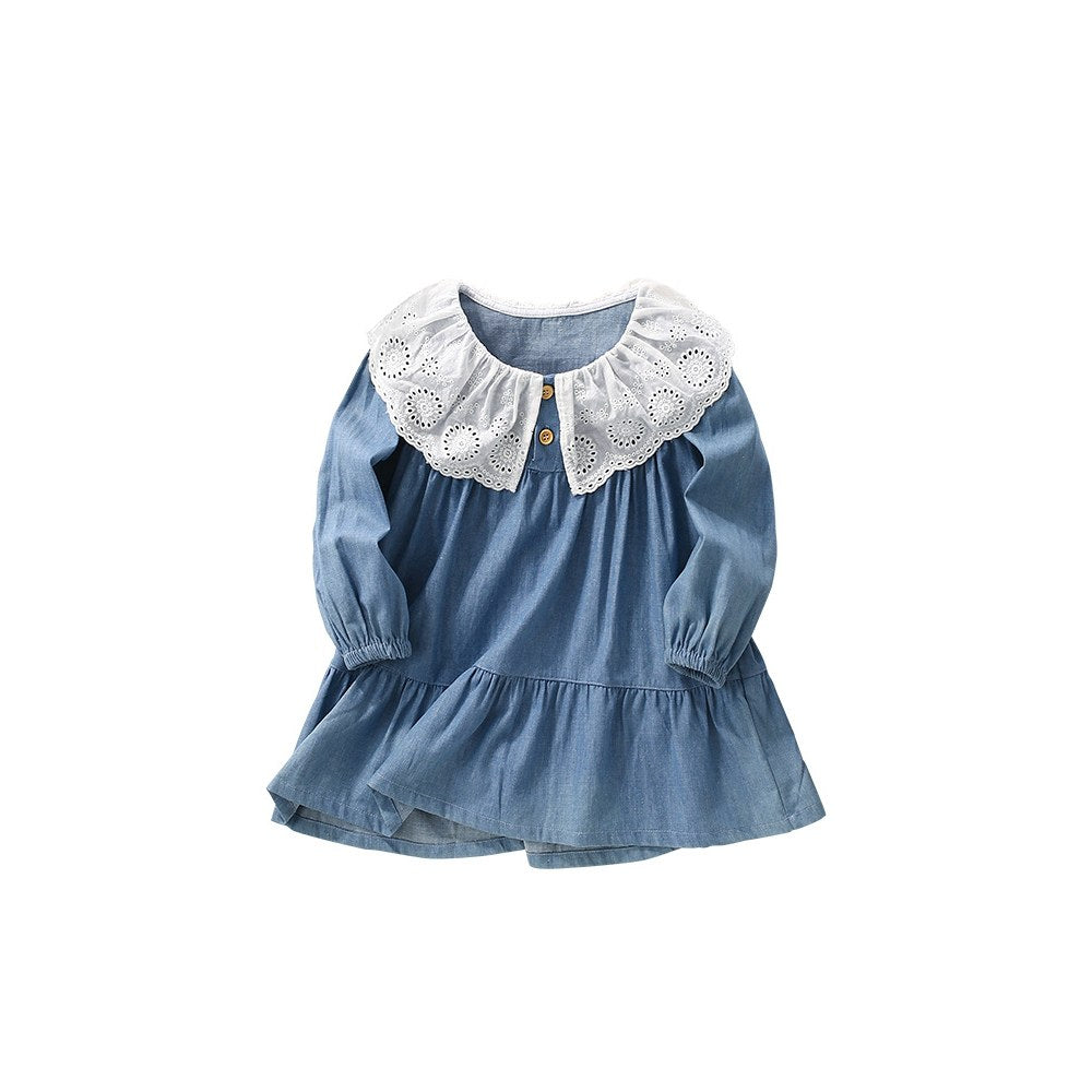 Baby Kids Girls Princess Lace Trim Collar Long Sleeves Dress