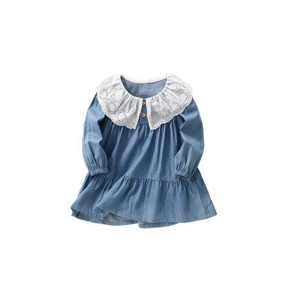 Baby Kids Girls Princess Lace Trim Collar Long Sleeves Dress