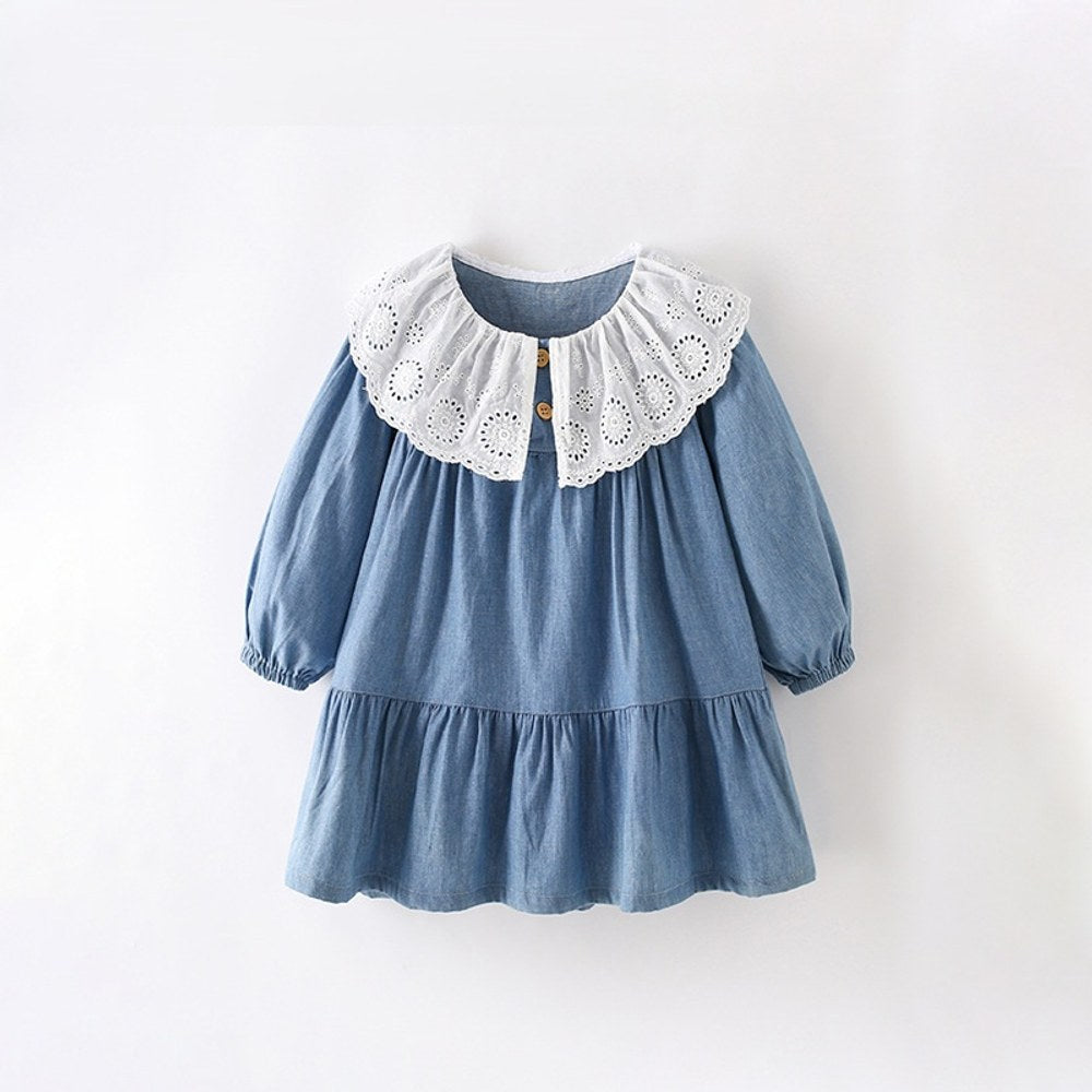 Baby Kids Girls Princess Lace Trim Collar Long Sleeves Dress