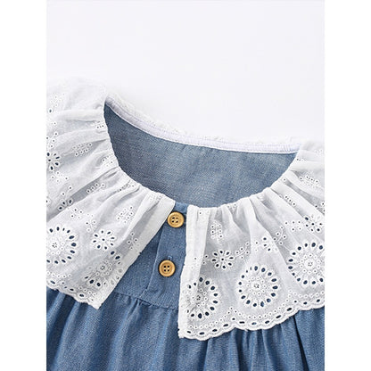Baby Kids Girls Princess Lace Trim Collar Long Sleeves Dress