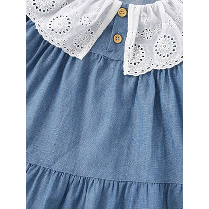 Baby Kids Girls Princess Lace Trim Collar Long Sleeves Dress
