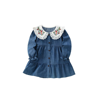 Baby Kids Girls Princess Flowers Embroidered Collar Long Sleeves Dress