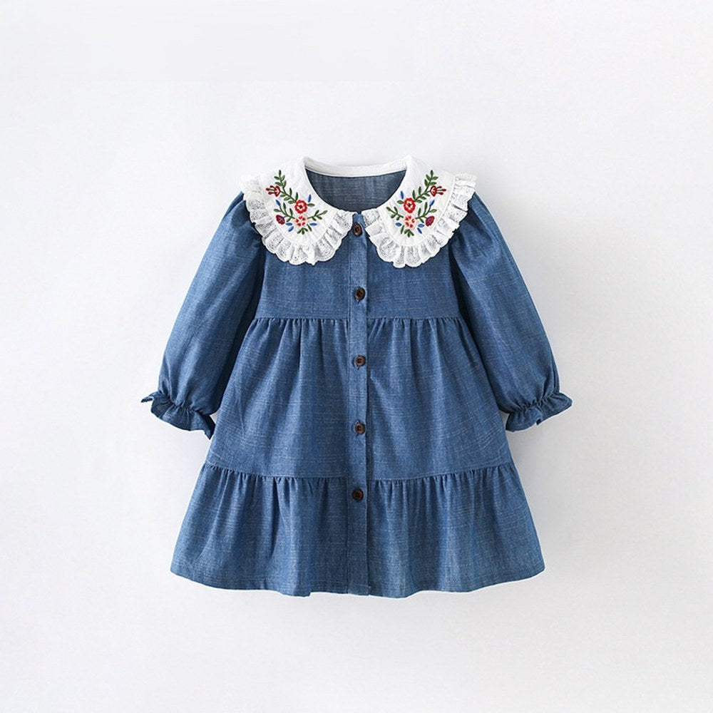 Baby Kids Girls Princess Flowers Embroidered Collar Long Sleeves Dress
