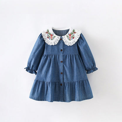 Baby Kids Girls Princess Flowers Embroidered Collar Long Sleeves Dress