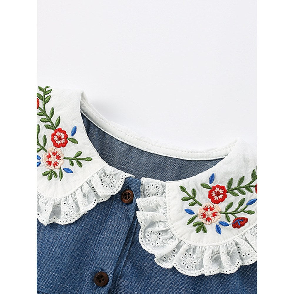 Baby Kids Girls Princess Flowers Embroidered Collar Long Sleeves Dress