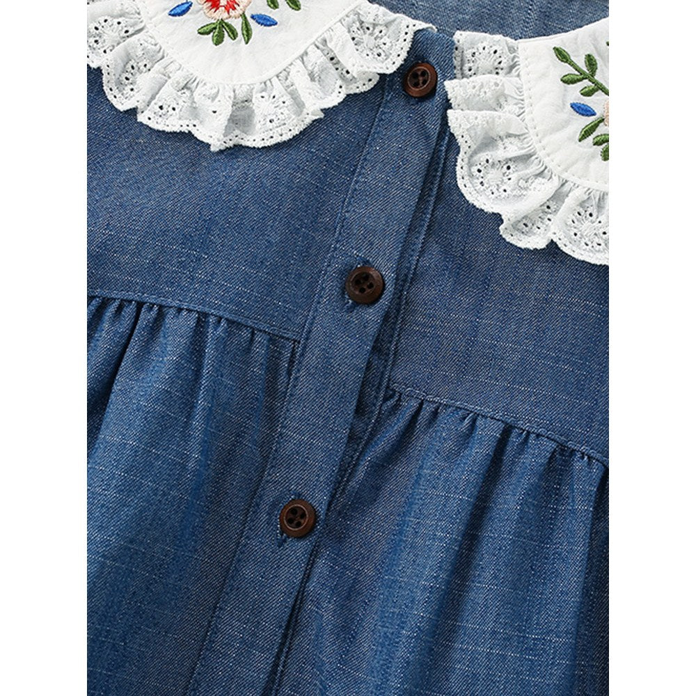 Baby Kids Girls Princess Flowers Embroidered Collar Long Sleeves Dress