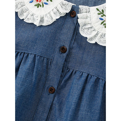 Baby Kids Girls Princess Flowers Embroidered Collar Long Sleeves Dress
