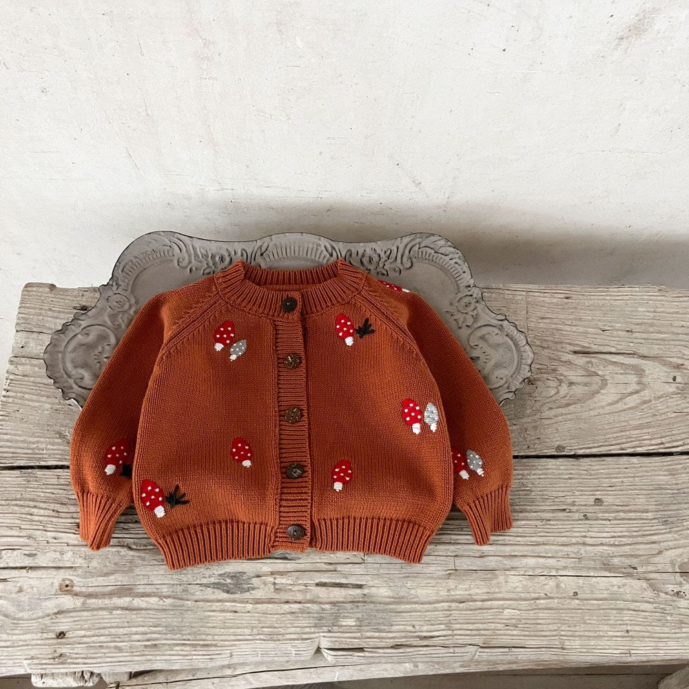Baby Kids Comfortable Knitted Long Sleeves Cardigan with Mushroom Embroidery Pattern