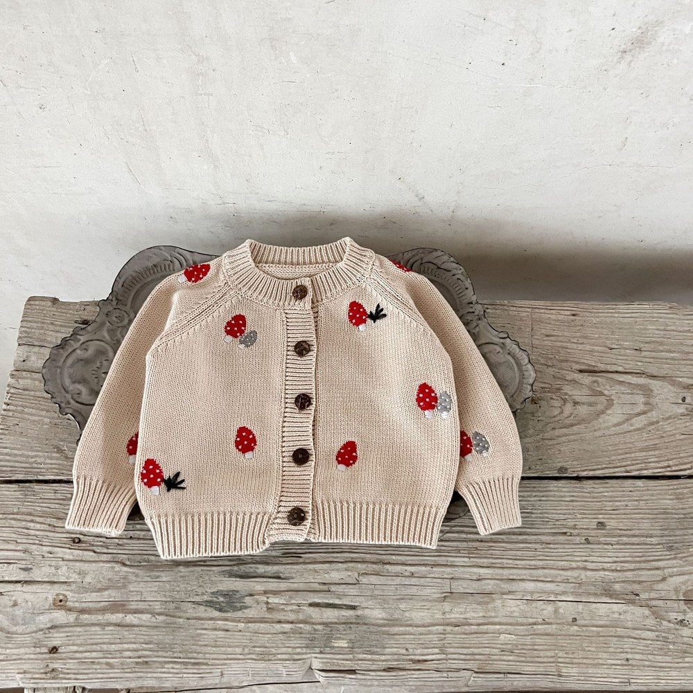 Baby Kids Comfortable Knitted Long Sleeves Cardigan with Mushroom Embroidery Pattern