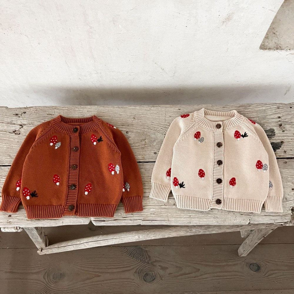 Baby Kids Comfortable Knitted Long Sleeves Cardigan with Mushroom Embroidery Pattern