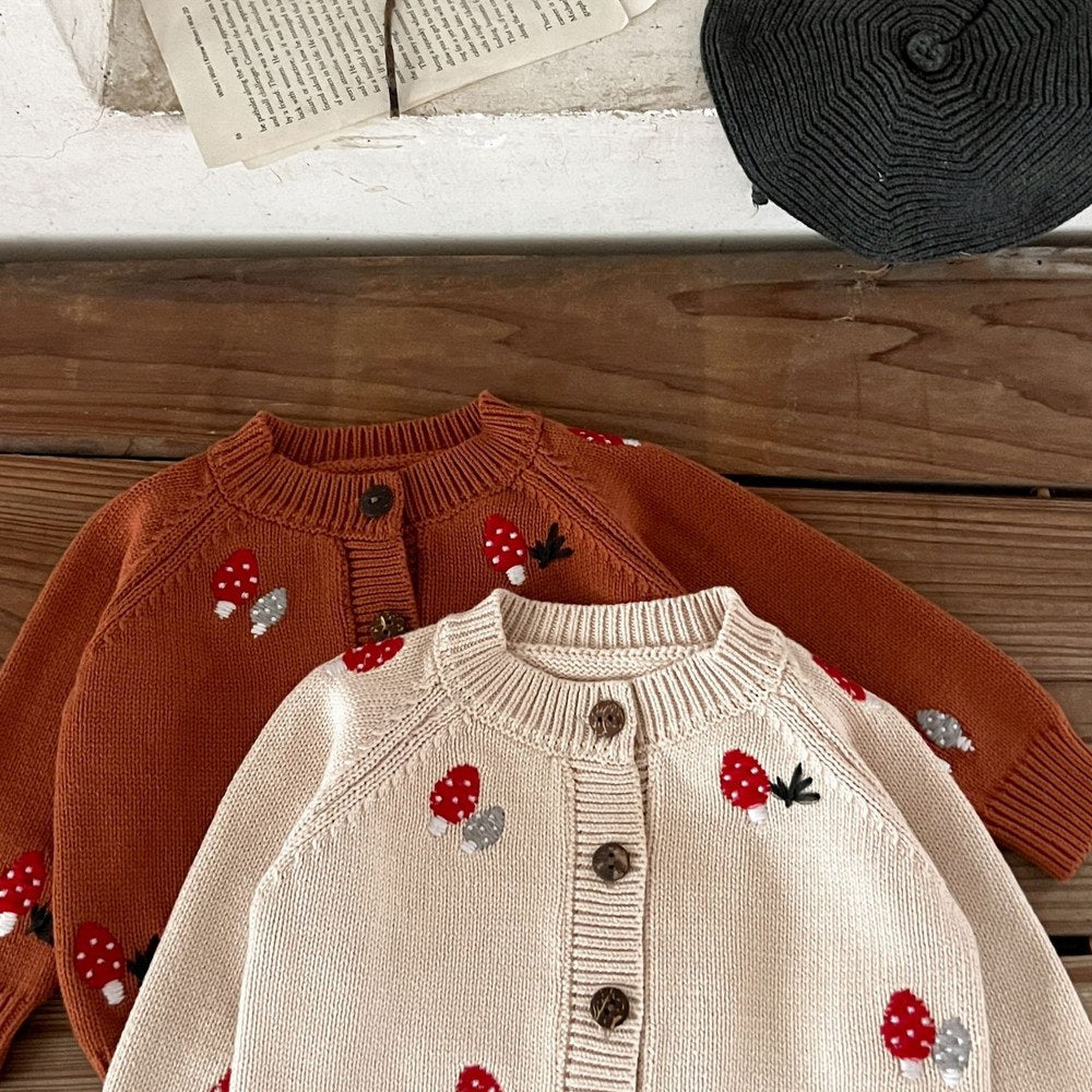 Baby Kids Comfortable Knitted Long Sleeves Cardigan with Mushroom Embroidery Pattern