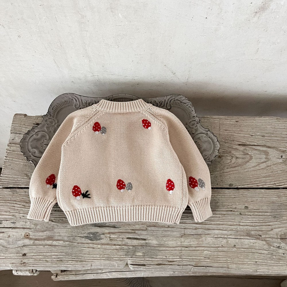 Baby Kids Comfortable Knitted Long Sleeves Cardigan with Mushroom Embroidery Pattern